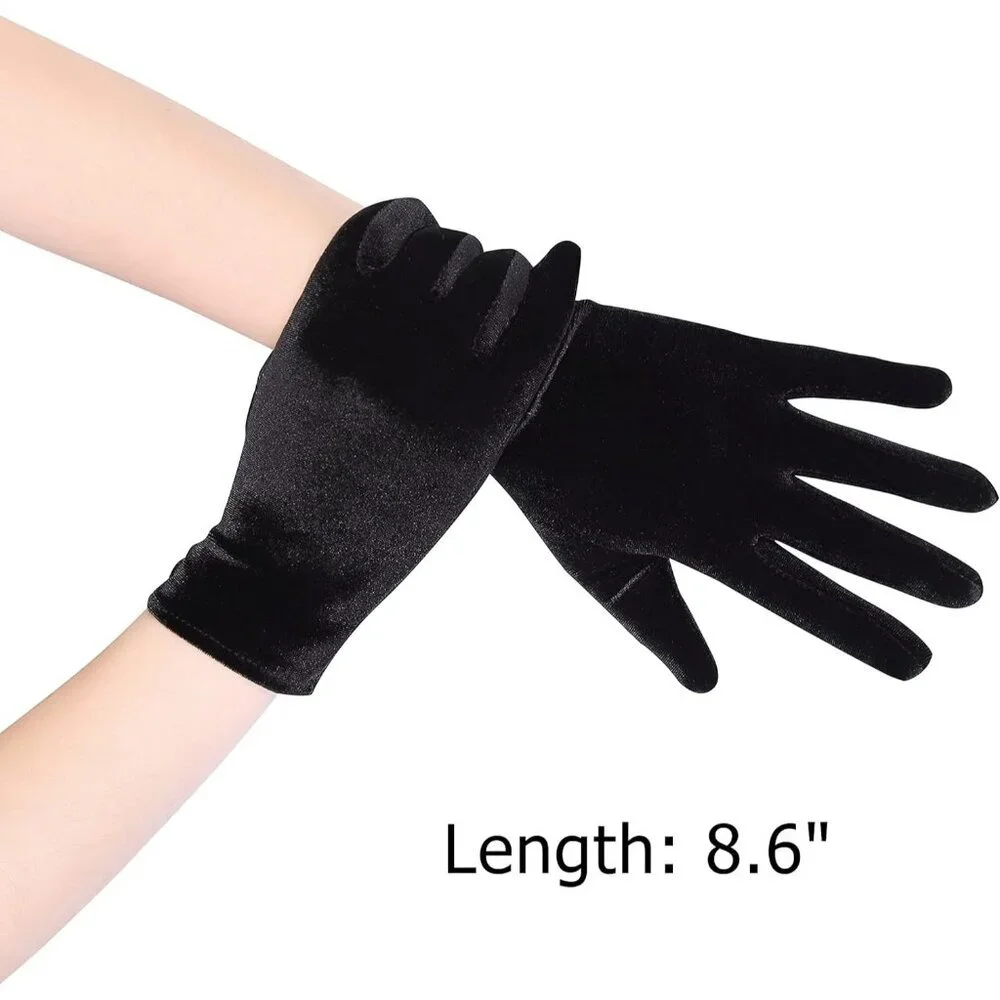Women's Deep Black Velvet Short Satin Gloves Style Wrist Flapper Banquet